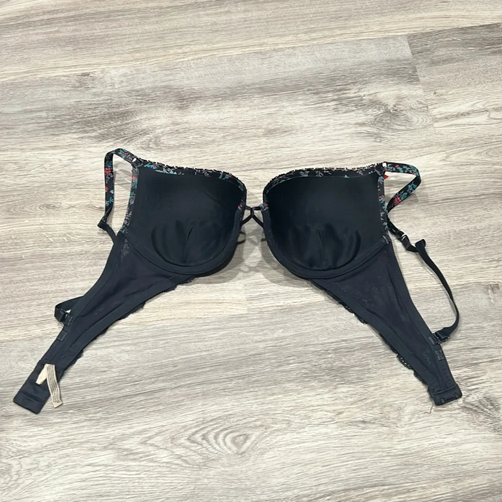 Women's Aerie Floral Black Emma Bra with Red and Green Accents